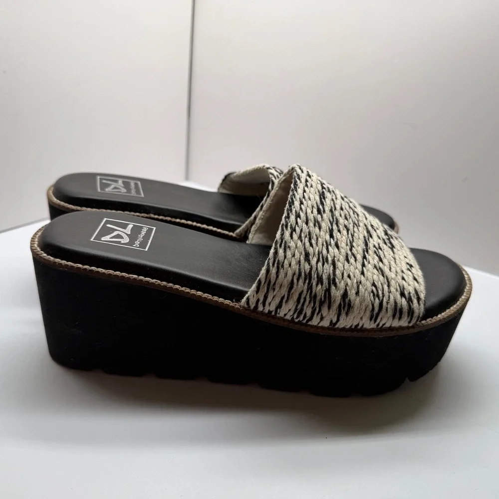 Dirty Laundry‎ Womens Platform Slide Sandals Black White Woven Strap Wedge 7.5